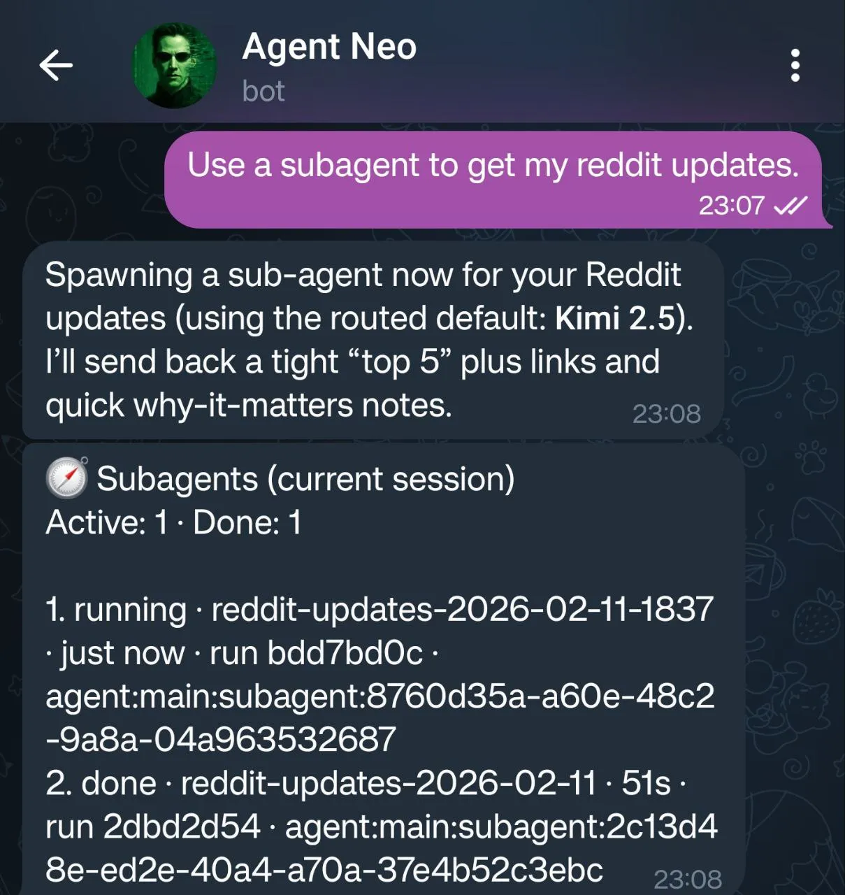 Example: spawning a sub-agent to fetch Reddit updates