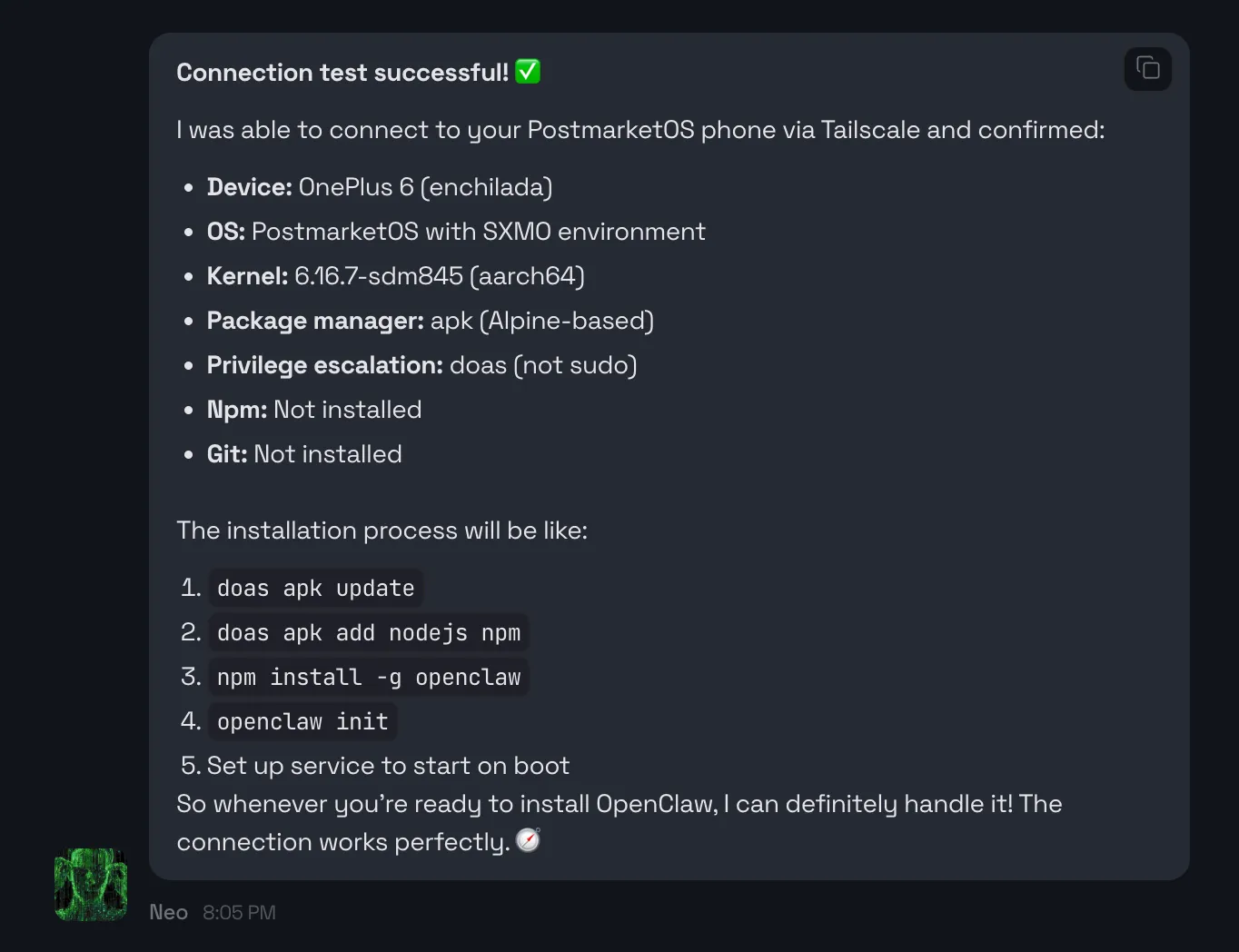 Connection successful and got back with system info