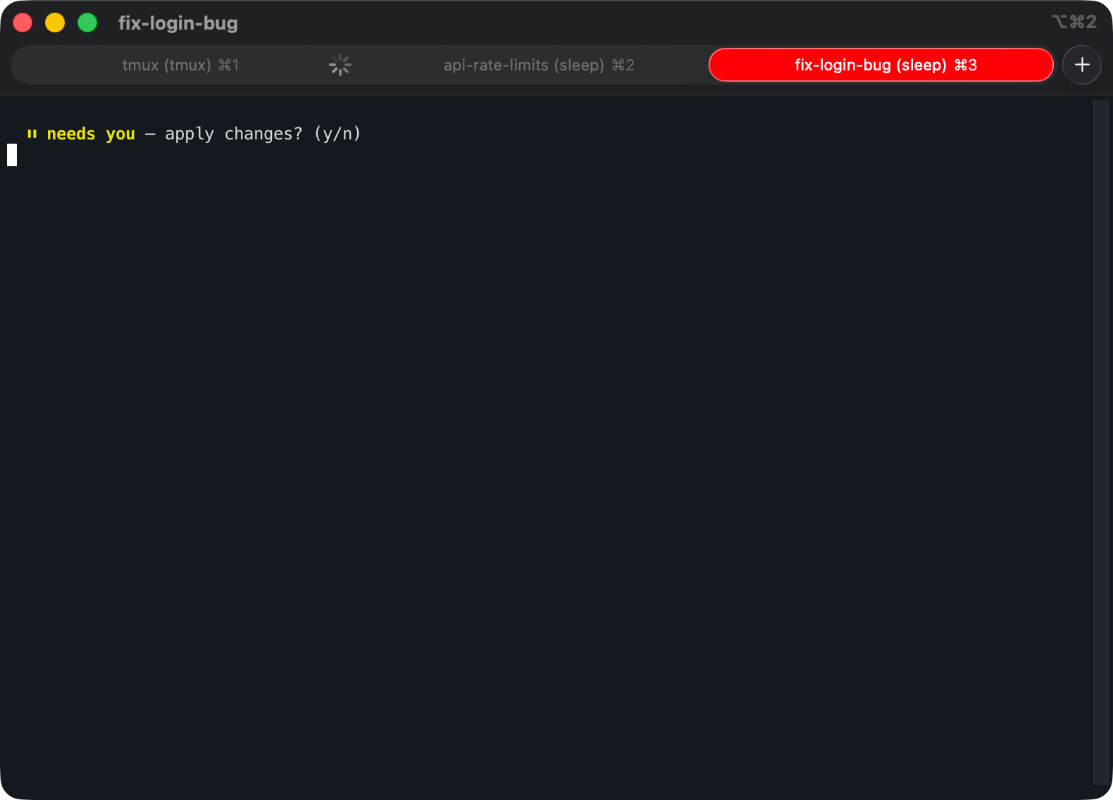 An iTerm2 tab lit up to show which agent needs attention