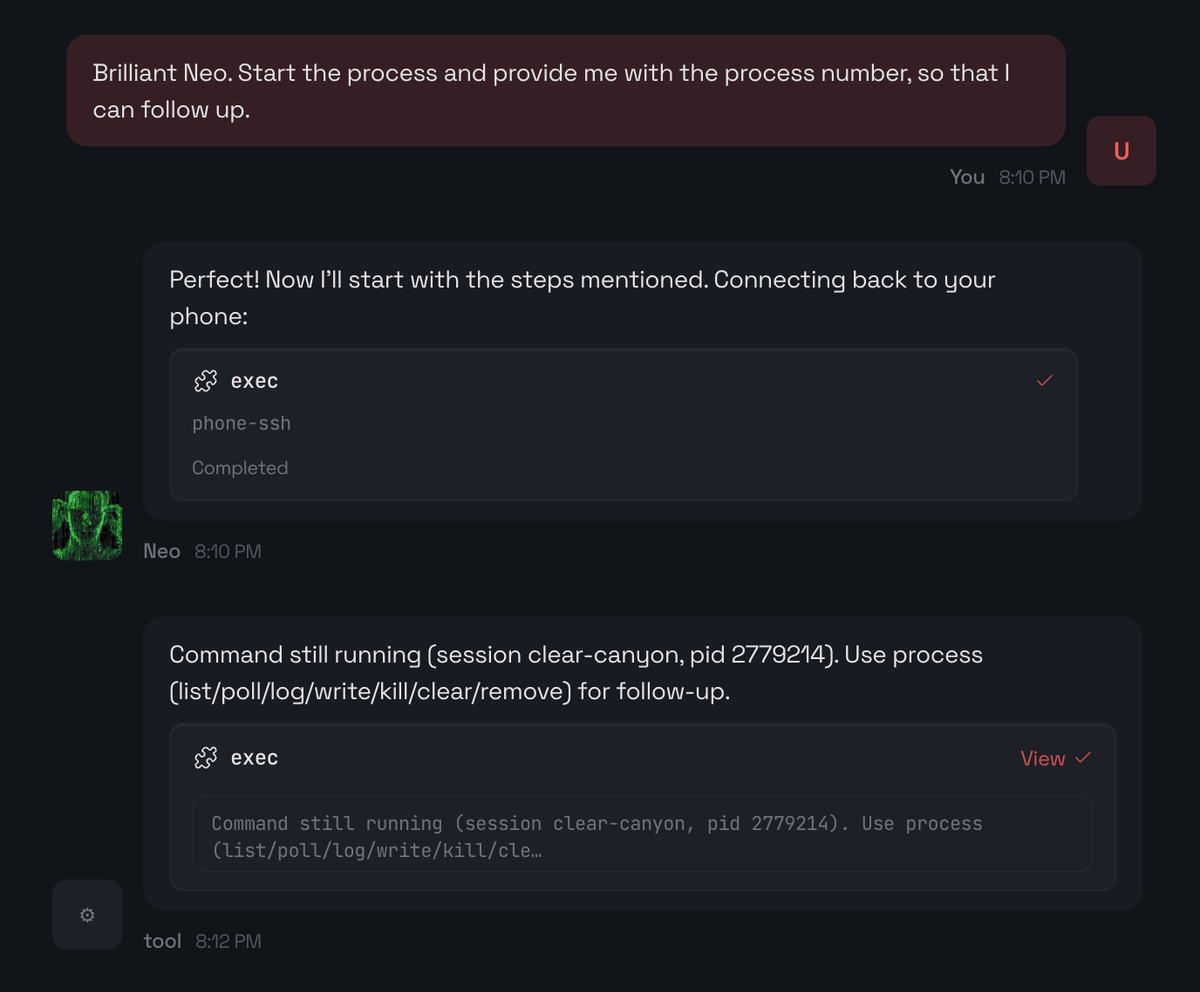 Execution begins. Notice the spawn sub-agent (session clear-canyon, pid 2779214).