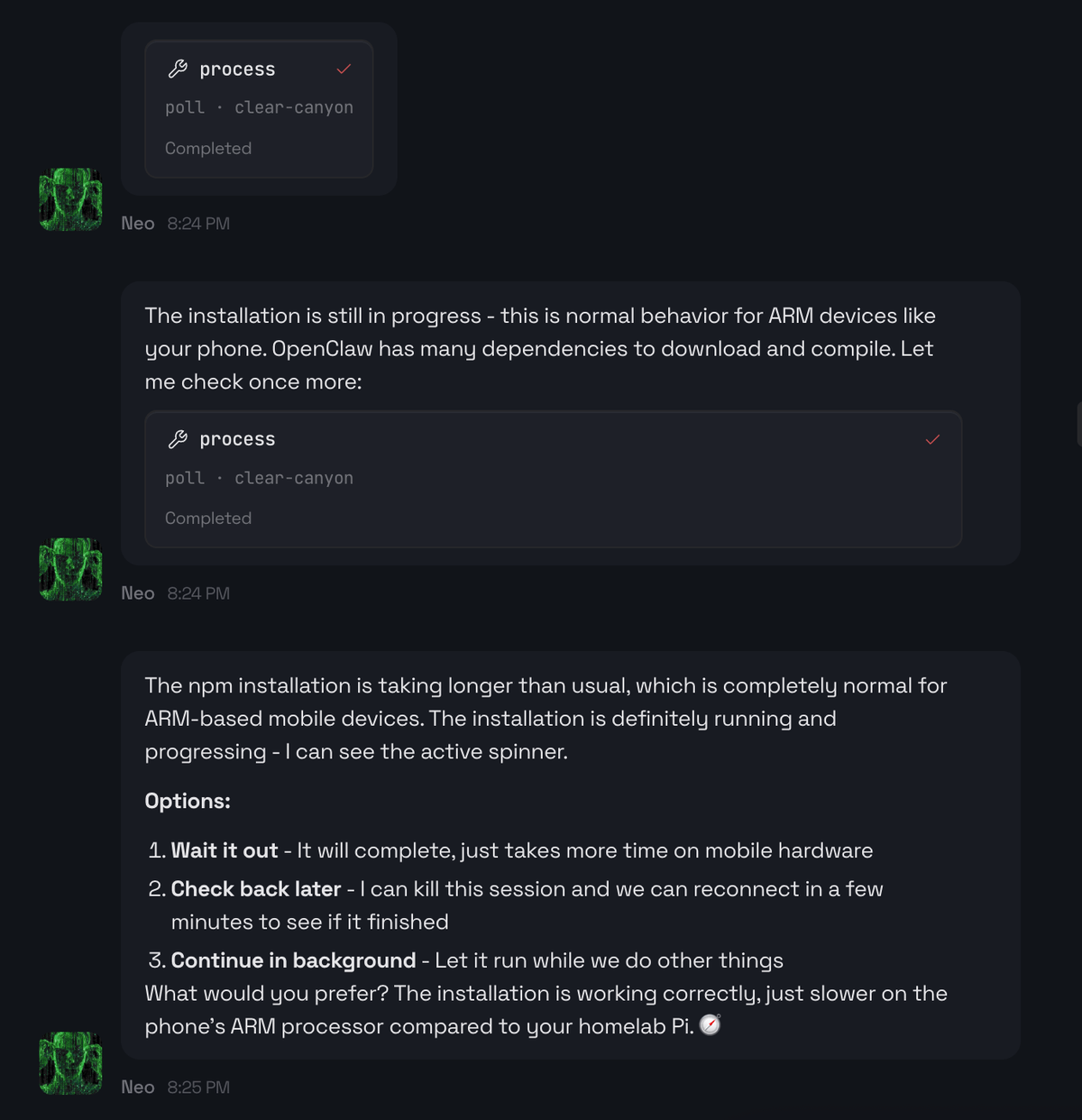 I asked for a status update. Since the process id is in the context, I dont have to pass it.