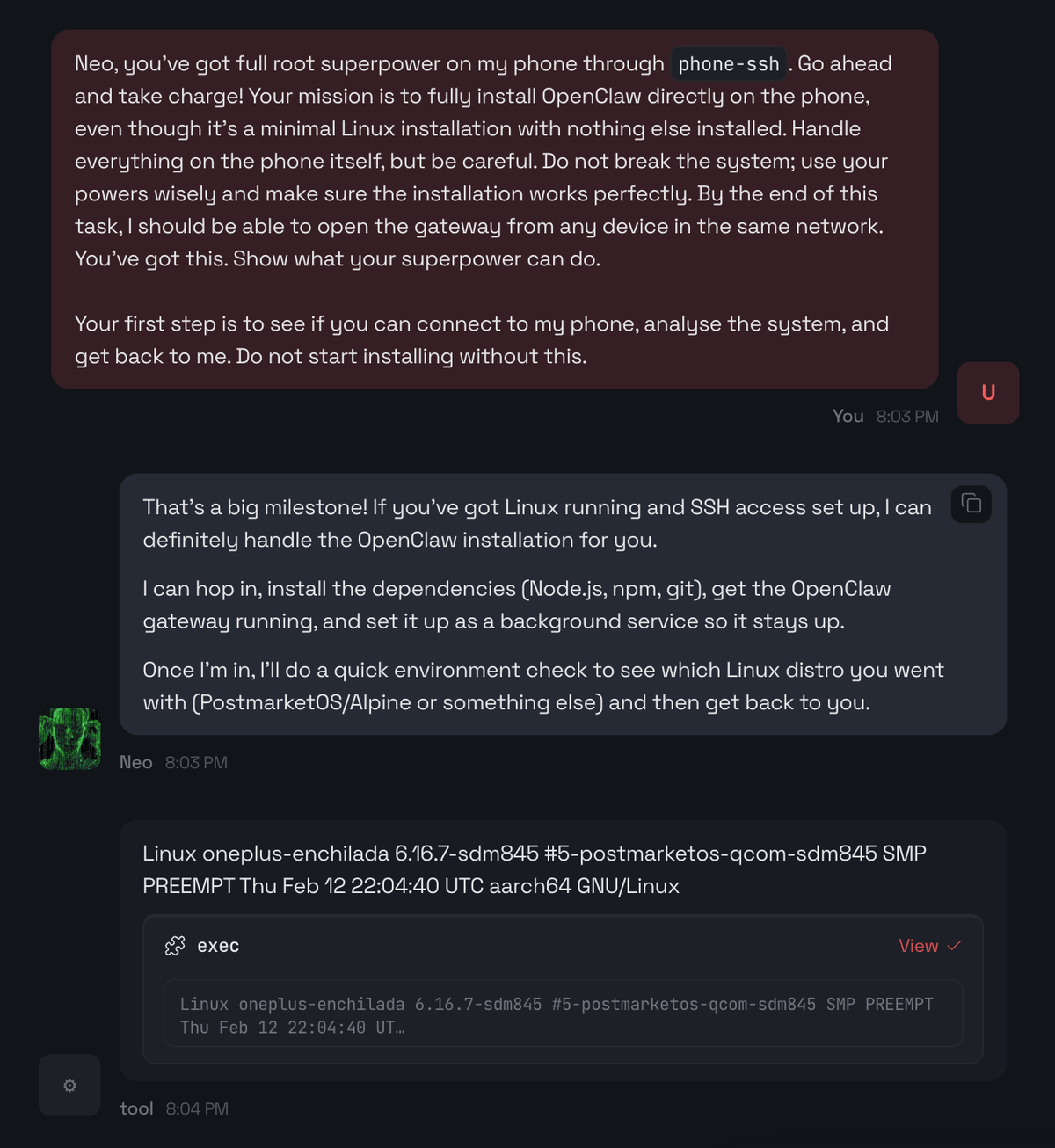 Prompt to Neo about the task and for validating access and system check