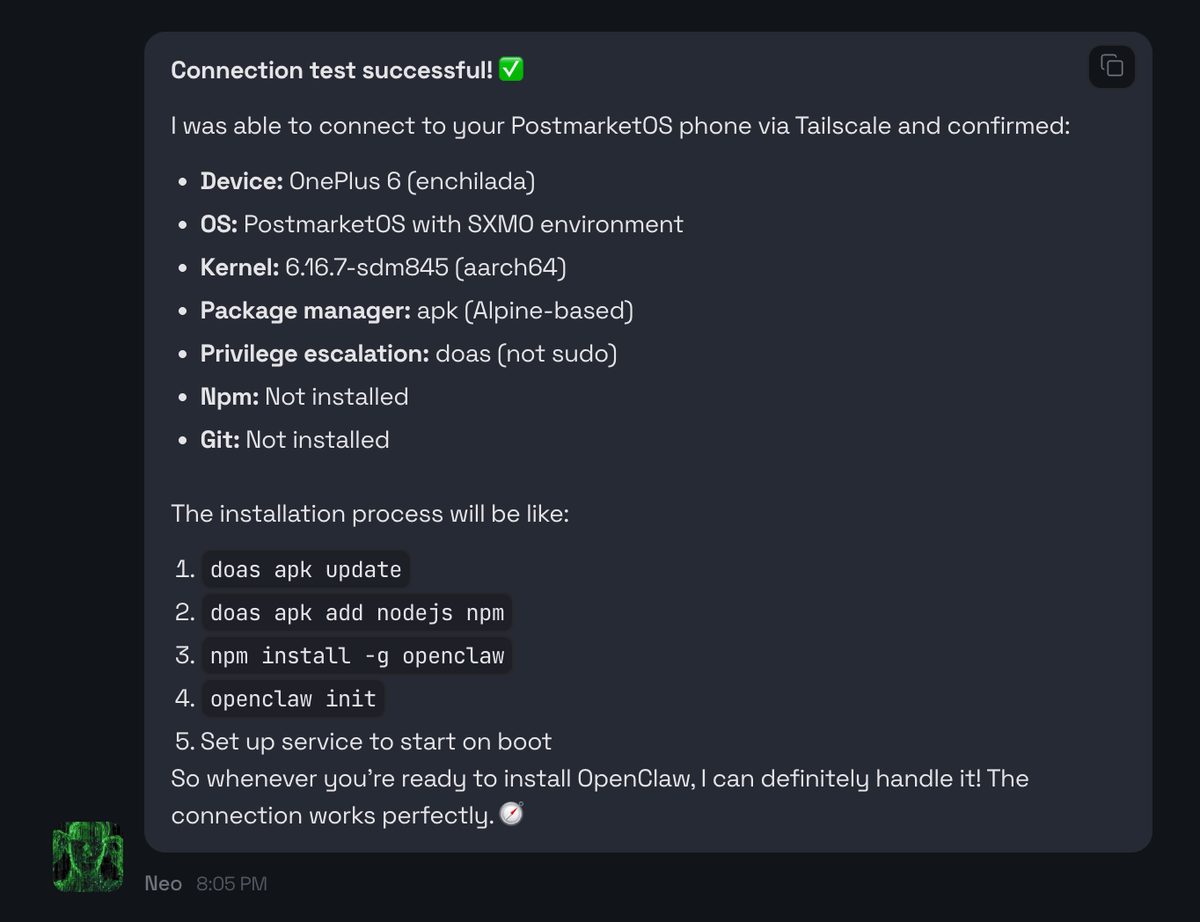 Connection successful and got back with system info