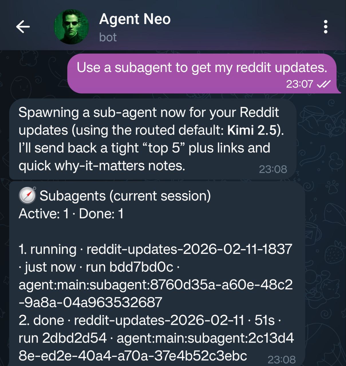 Example: spawning a sub-agent to fetch Reddit updates